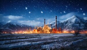 Industrial Plant in the Winter. Mountains in the background
